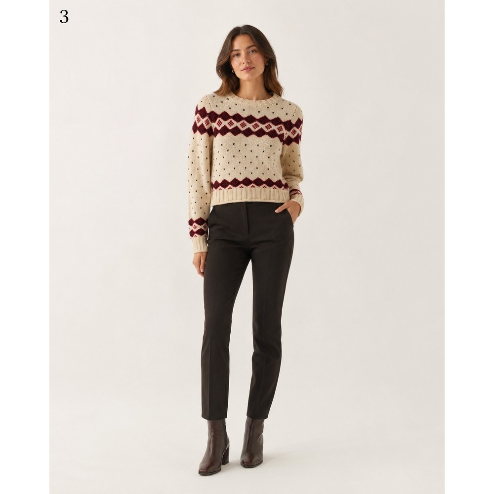 Zara Fair Isle Wool Blend‎ Cropped Sweater Womens Small Cream Red Puff Shoulder